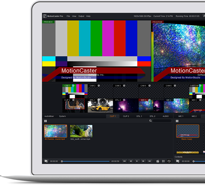 MotionCaster is a live streaming and broadcasting software that can easily handle complex tasks such as Switching, Character generator, Score Board, Virtual Studio and Streaming with only one operator. MotionCaster is a live streaming and broadcasting software that can easily handle complex tasks such as Switching, Character generator, Score Board, Virtual Studio and Streaming with only one operator.