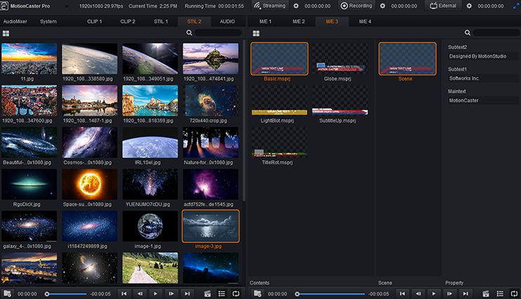 MotionCaster is a live streaming and broadcasting software that can easily handle complex tasks such as Switching, Character generator, Score Board, Virtual Studio and Streaming with only one operator.