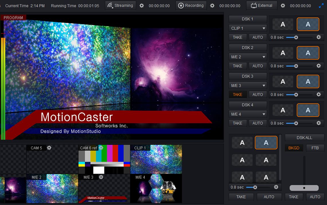 MotionCaster is a live streaming and broadcasting software that can easily handle complex tasks such as Switching, Character generator, Score Board, Virtual Studio and Streaming with only one operator.