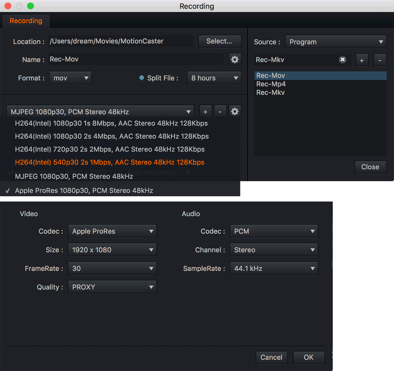 Video format customization settings.